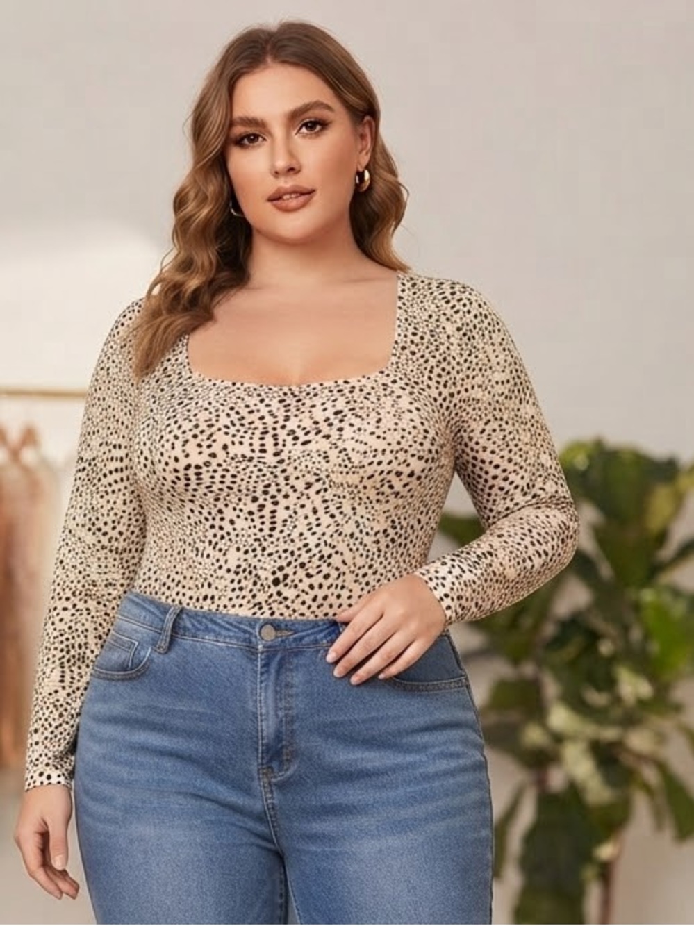 ASOS Design Curve Square Neck Long Sleeve Leopard Print Top